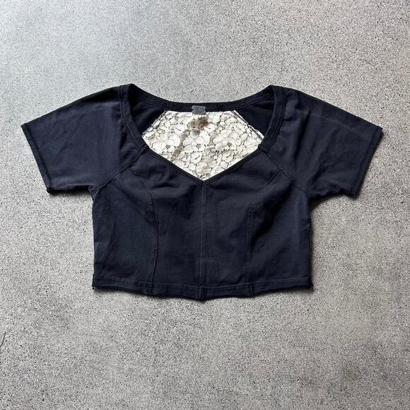 S We The Free Black Crop Top T-Shirt Lace Back - Picture 1 of 4